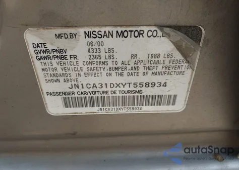 2000 Nissan Maxima Gle/Gxe/Se z USA, uszkodzony, nr VIN JN1CA31DXYT558934